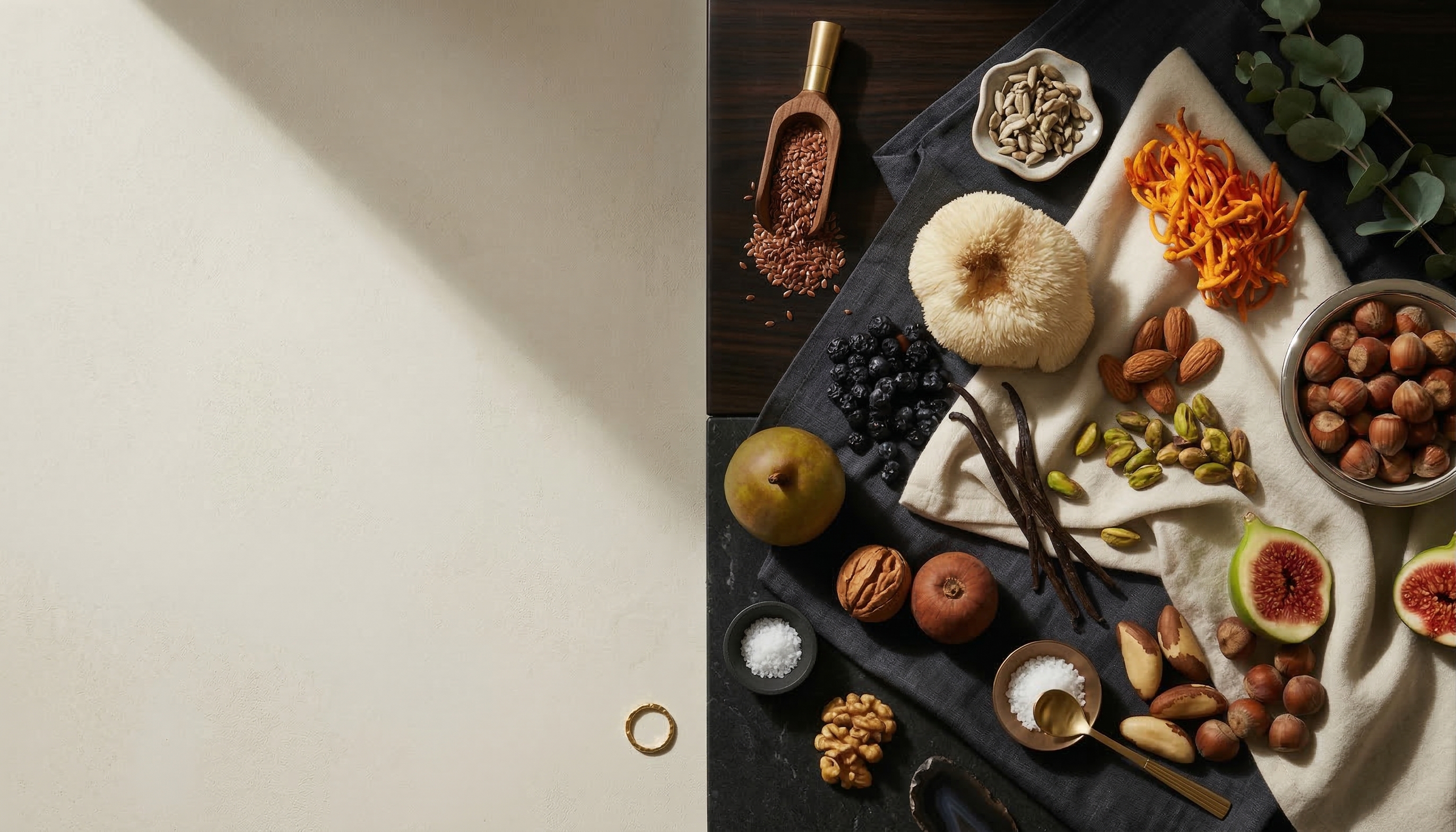 Premium natural ingredients — nuts, mushrooms, vanilla beans, blueberries, and superfoods artfully arranged on a dark surface